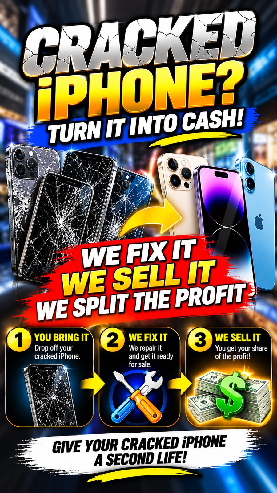 Cracked iPhone? Turn it into cash. We fix it, we sell it, we split the profit.
