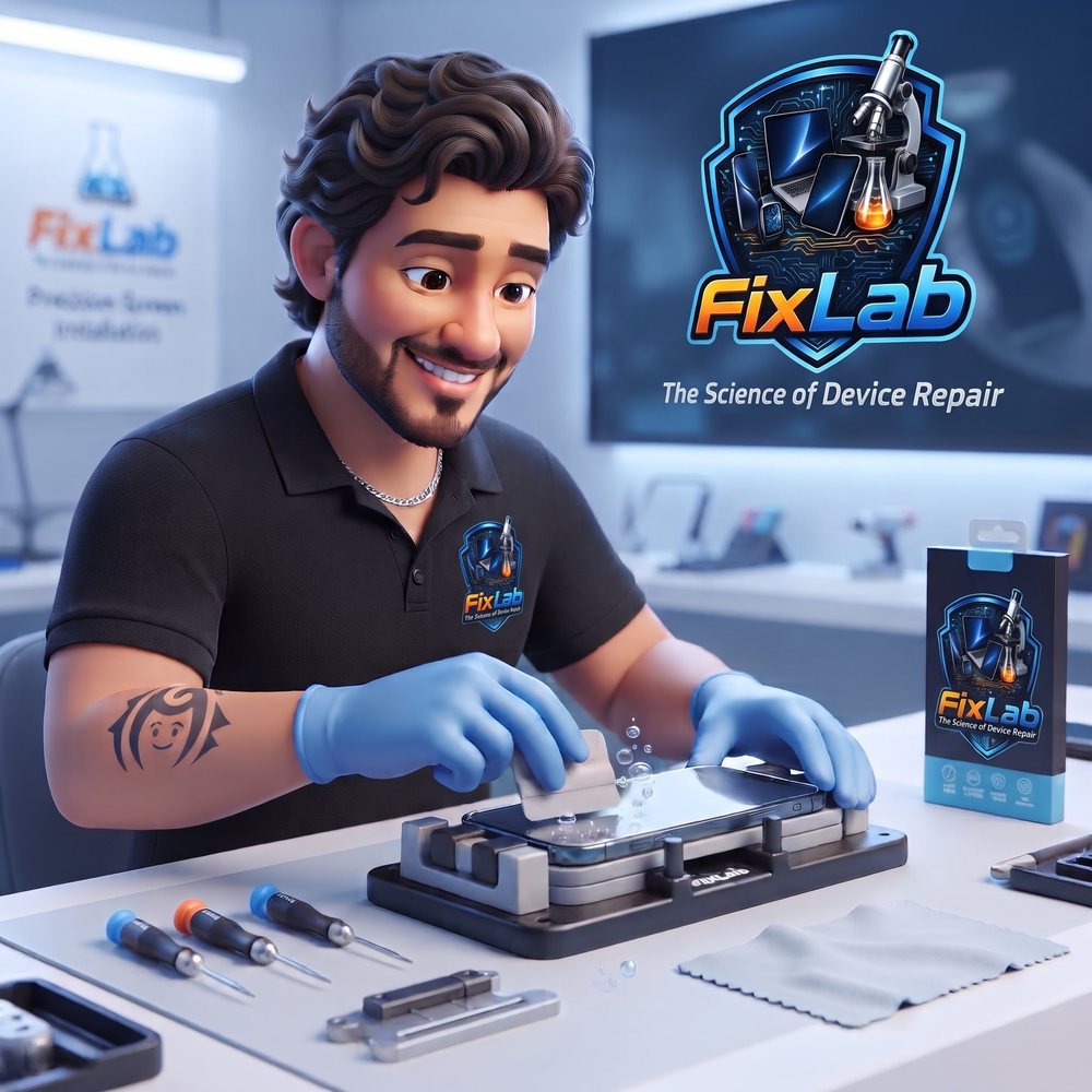 FixLab technician installing a screen protector